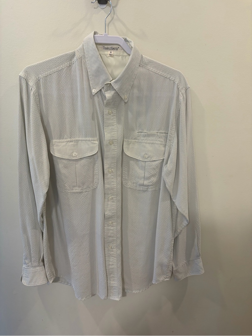 TravelSmith Men's Light Gray Micro-Check Button-Down Shirt